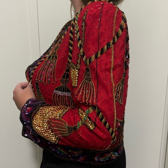 Vintage Niteline Red Sequined Holiday Jacket Tassels Silk Blazer 80s XL - Picture 6 of 9